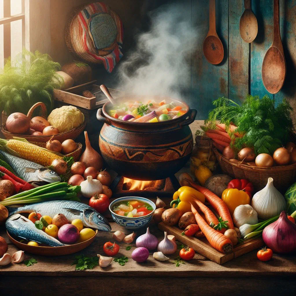 A hearty bowl of Cape Verdean caldeirada fish stew with vegetables and fresh herbs
