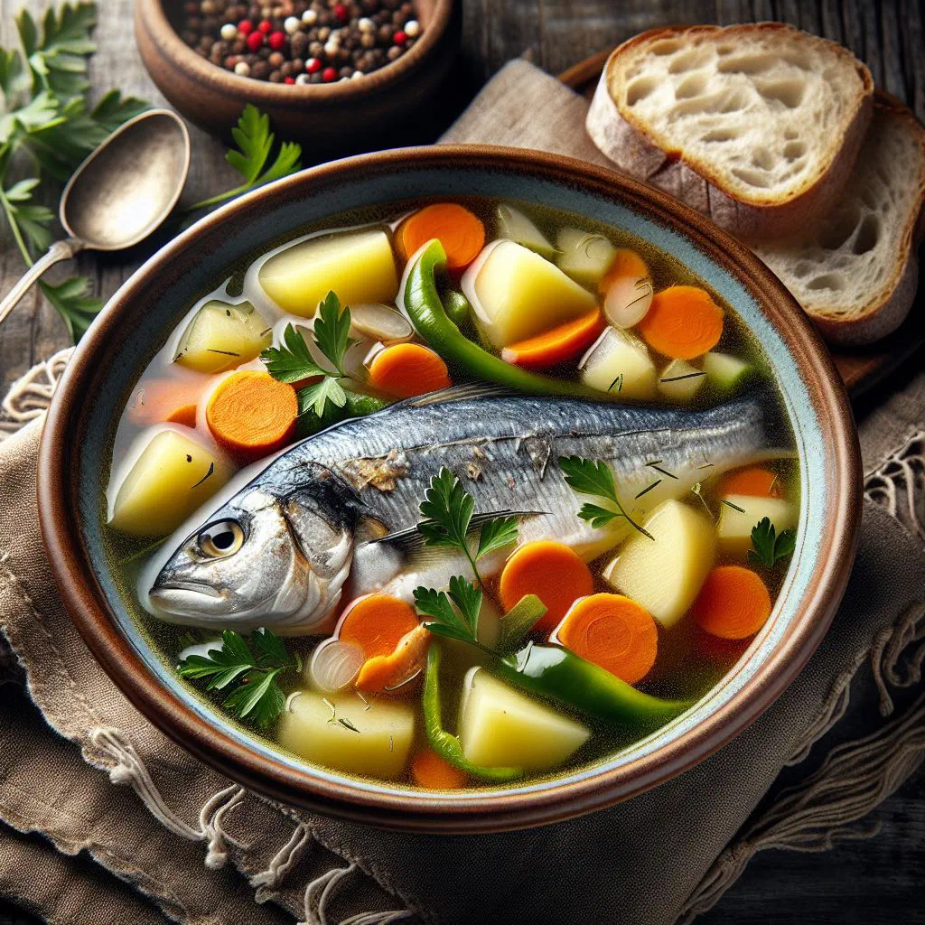 Bowl of Cape Verdean caldo de peixe fish soup with vegetables and fresh parsley