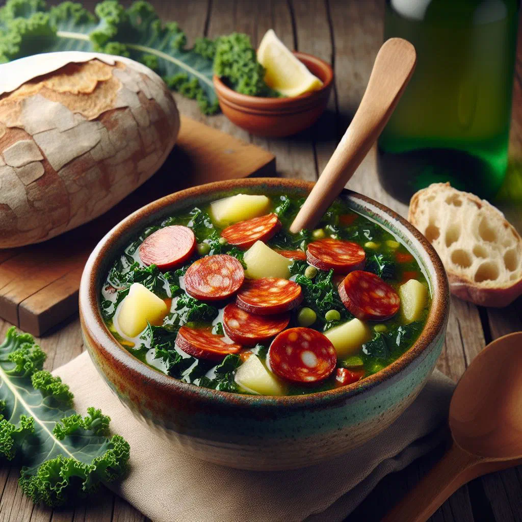 Bowl of green caldo verde soup with sliced chouriço and a drizzle of olive oil