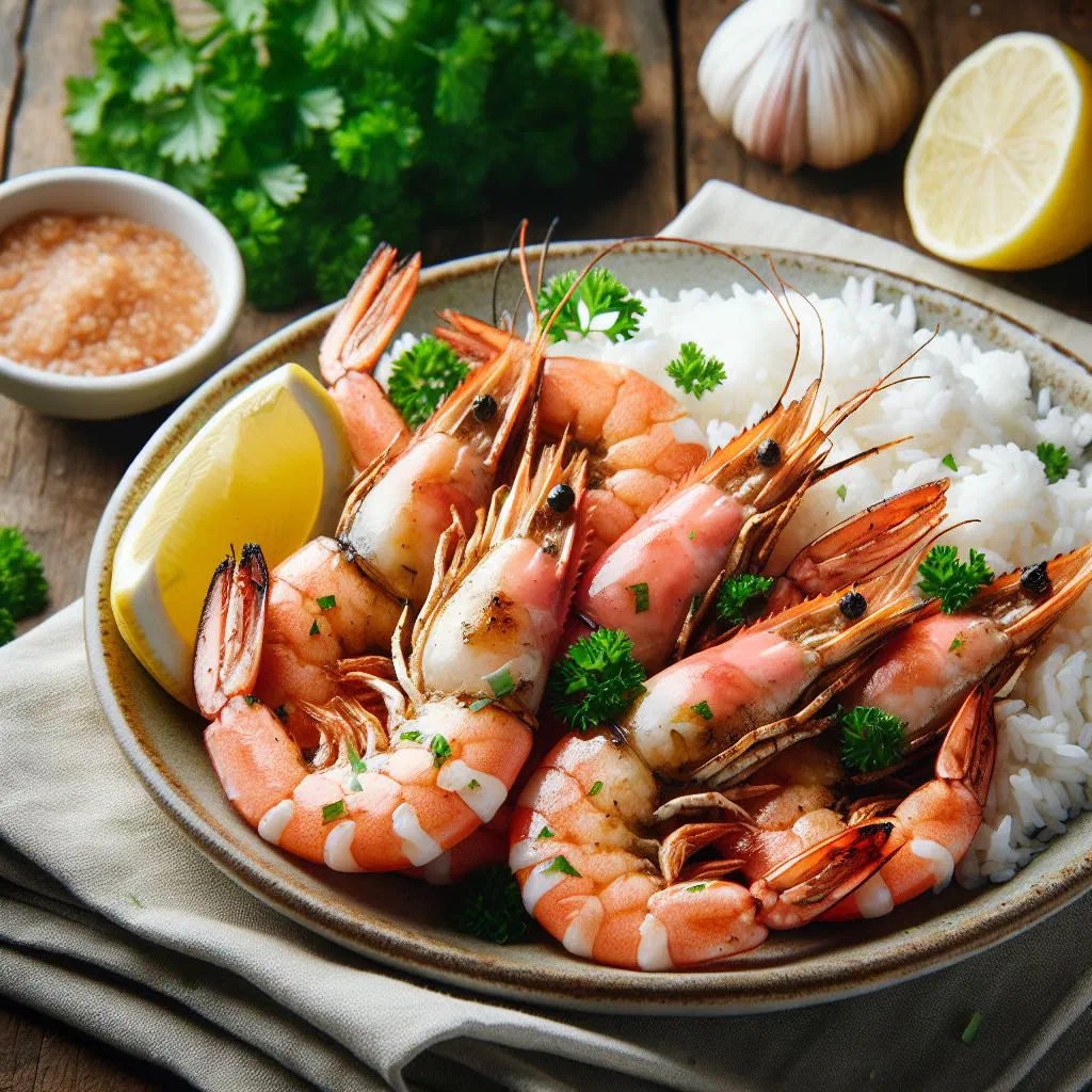 Grilled prawns with garlic, lemon and fresh herbs on a plate