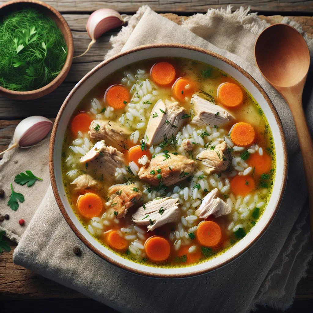 A bowl of Canja de Galinha chicken soup garnished with fresh parsley