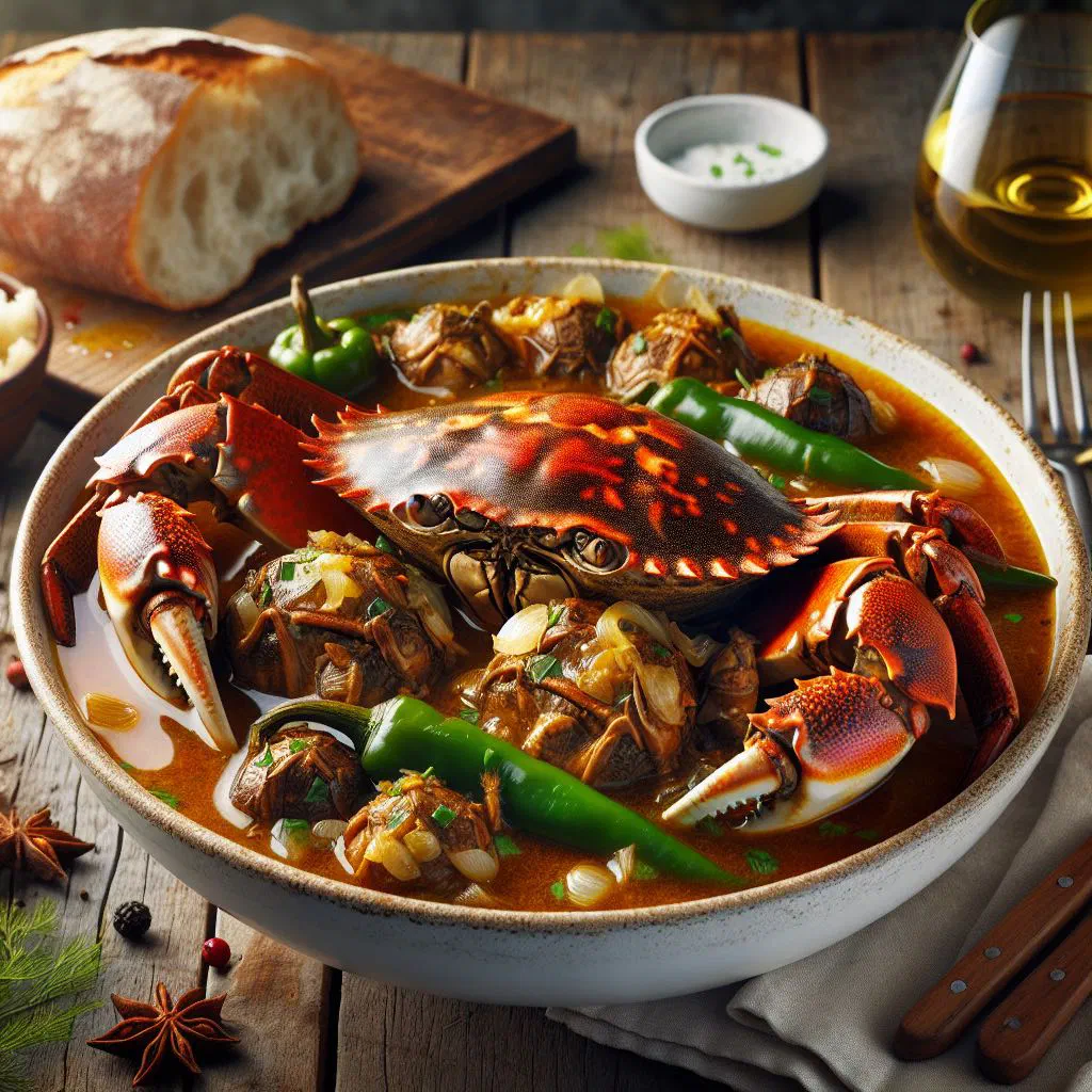 Cape Verdean crab stew simmered in a spiced tomato and onion sauce, garnished with fresh coriander