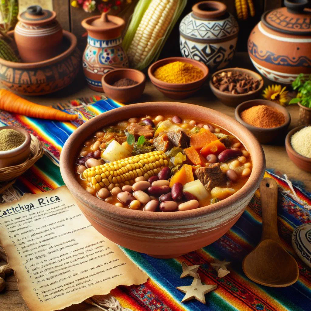 A hearty bowl of catchupa rica with corn, beans, meat and vegetables