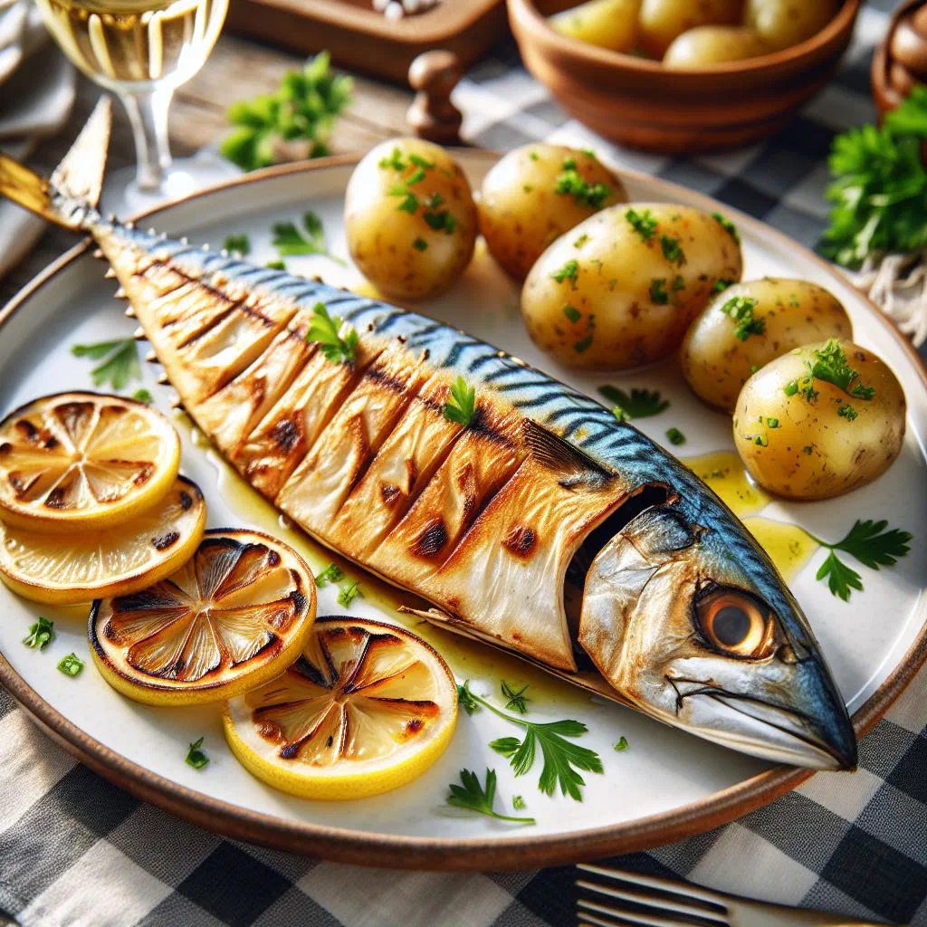 Grilled mackerel garnished with parsley and lemon on a plate