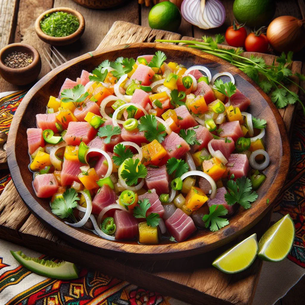 Cubes of fresh tuna ceviche with red onion, tomato and coriander