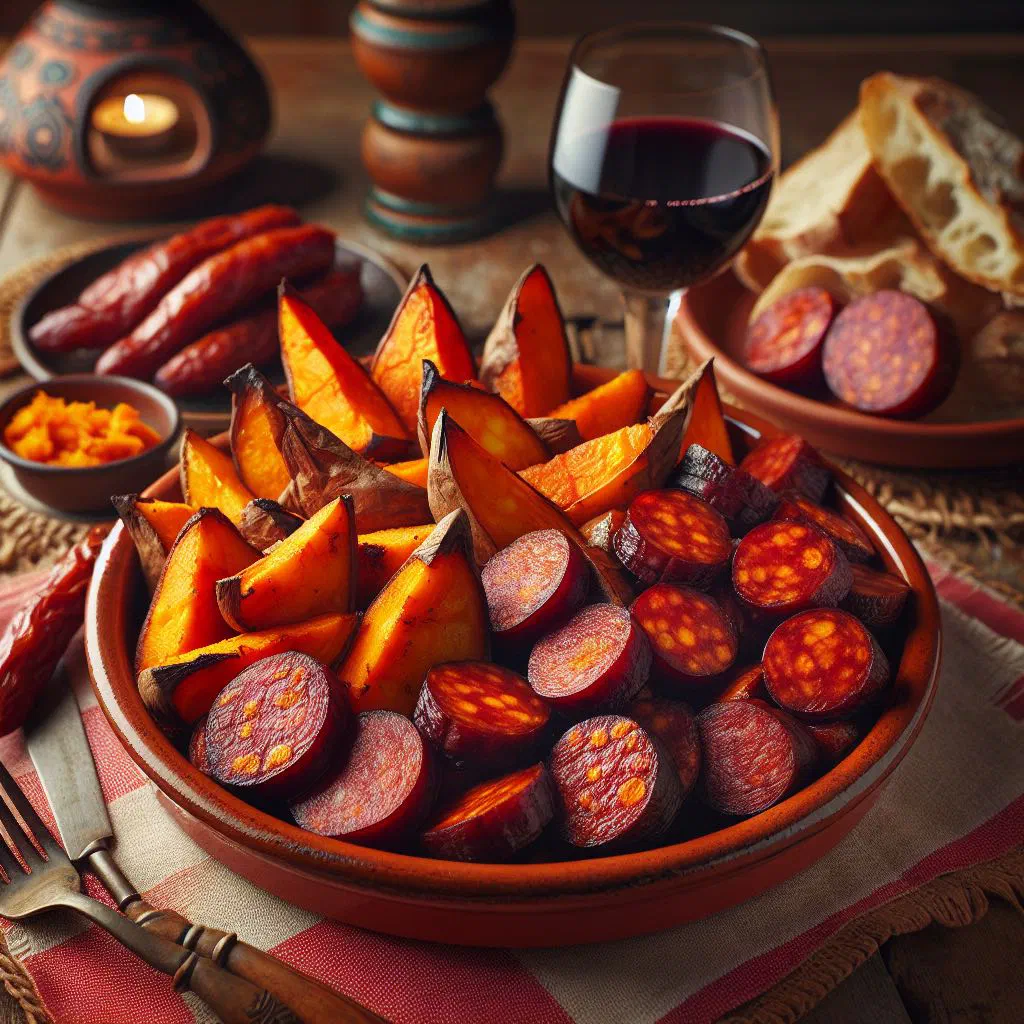 Sliced chouriço sausage with sweet potato garnished with fresh herbs
