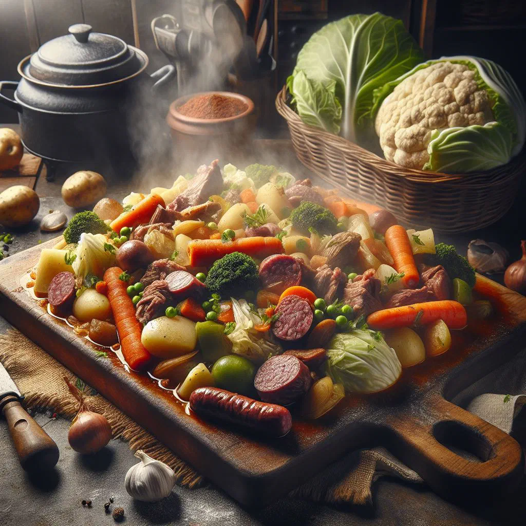 Cape Verdean cozido stew with beef, chicken and vegetables in a bowl