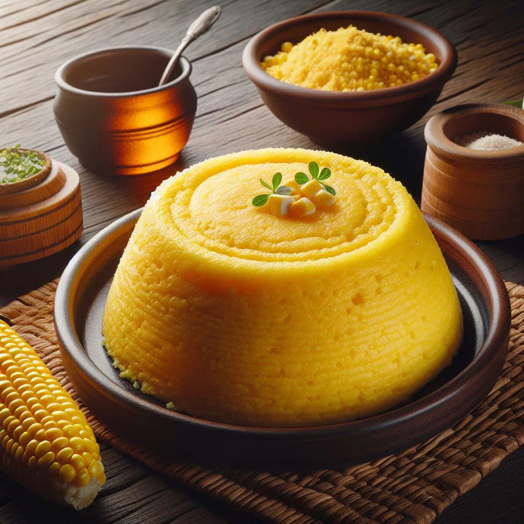 Steamed Cape Verdean corn couscous drizzled with olive oil on a plate