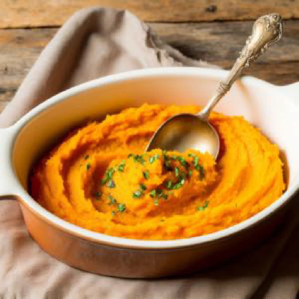 Baked sweet potato dessert dusted with cinnamon, served in a small dish