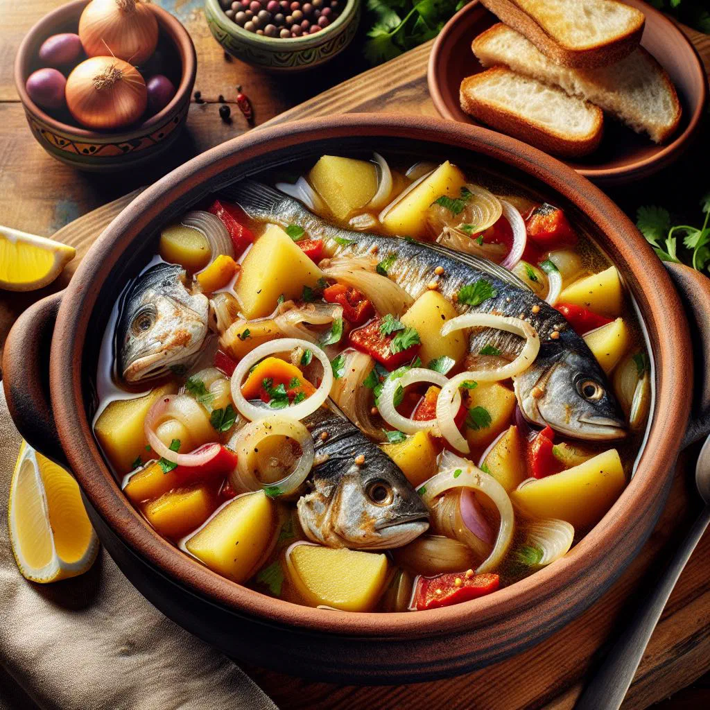 Cape Verdean ensopado de peixe fish stew with vegetables in a bowl