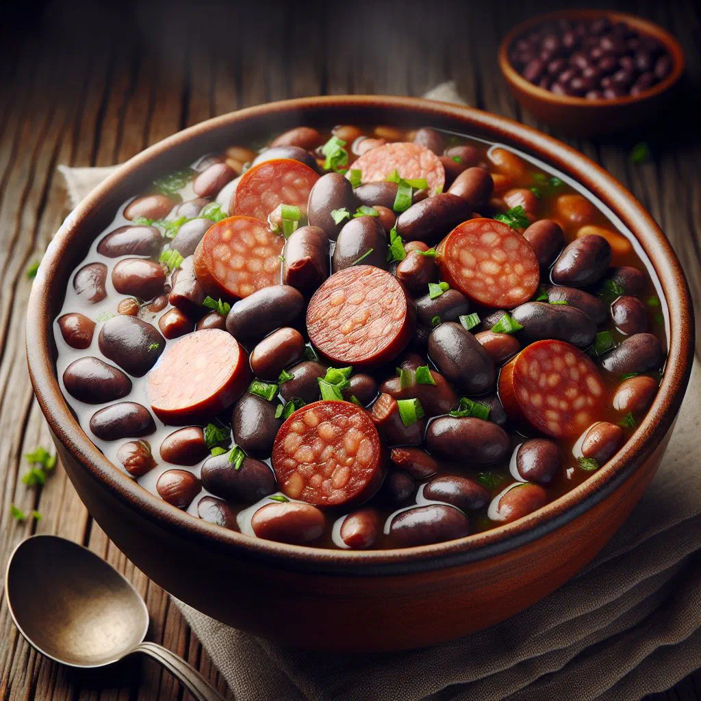 A hearty bowl of Cape Verdean beans stewed with sliced linguiça sausage