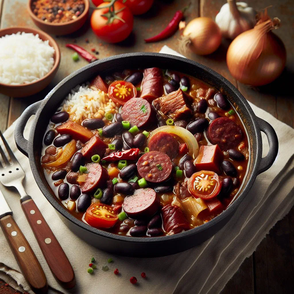 Cape Verdean feijoada bean stew with pork and chorizo, garnished with parsley