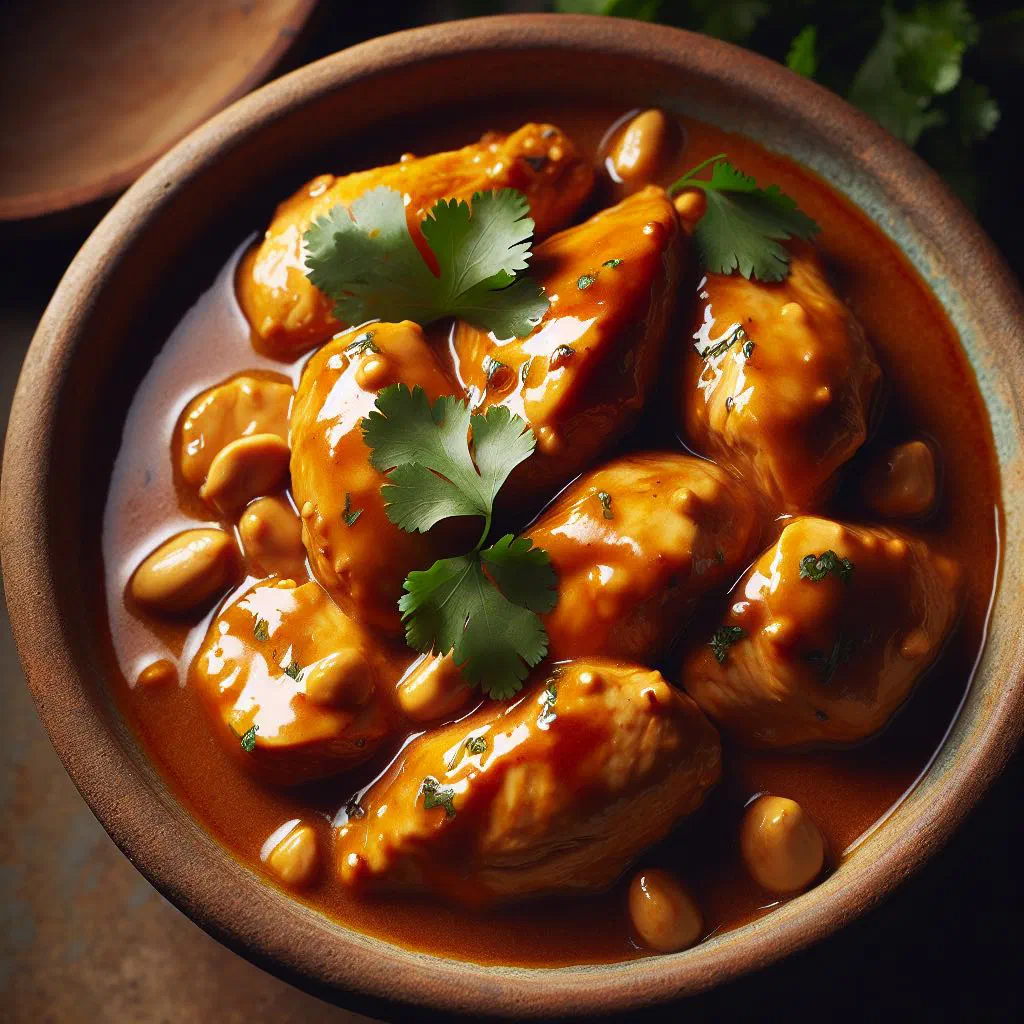 Tender chicken in a creamy peanut sauce garnished with fresh parsley