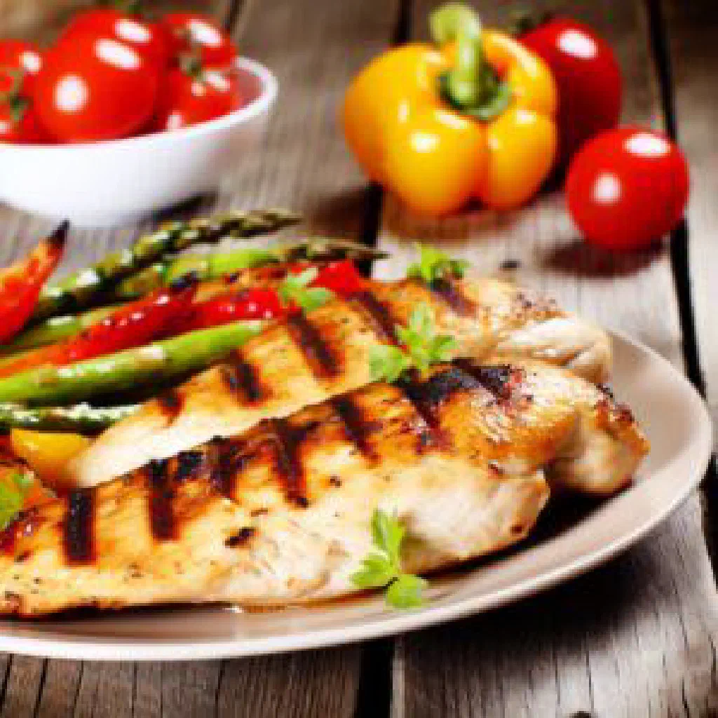 Grilled marinated chicken breast garnished with fresh herbs and lime