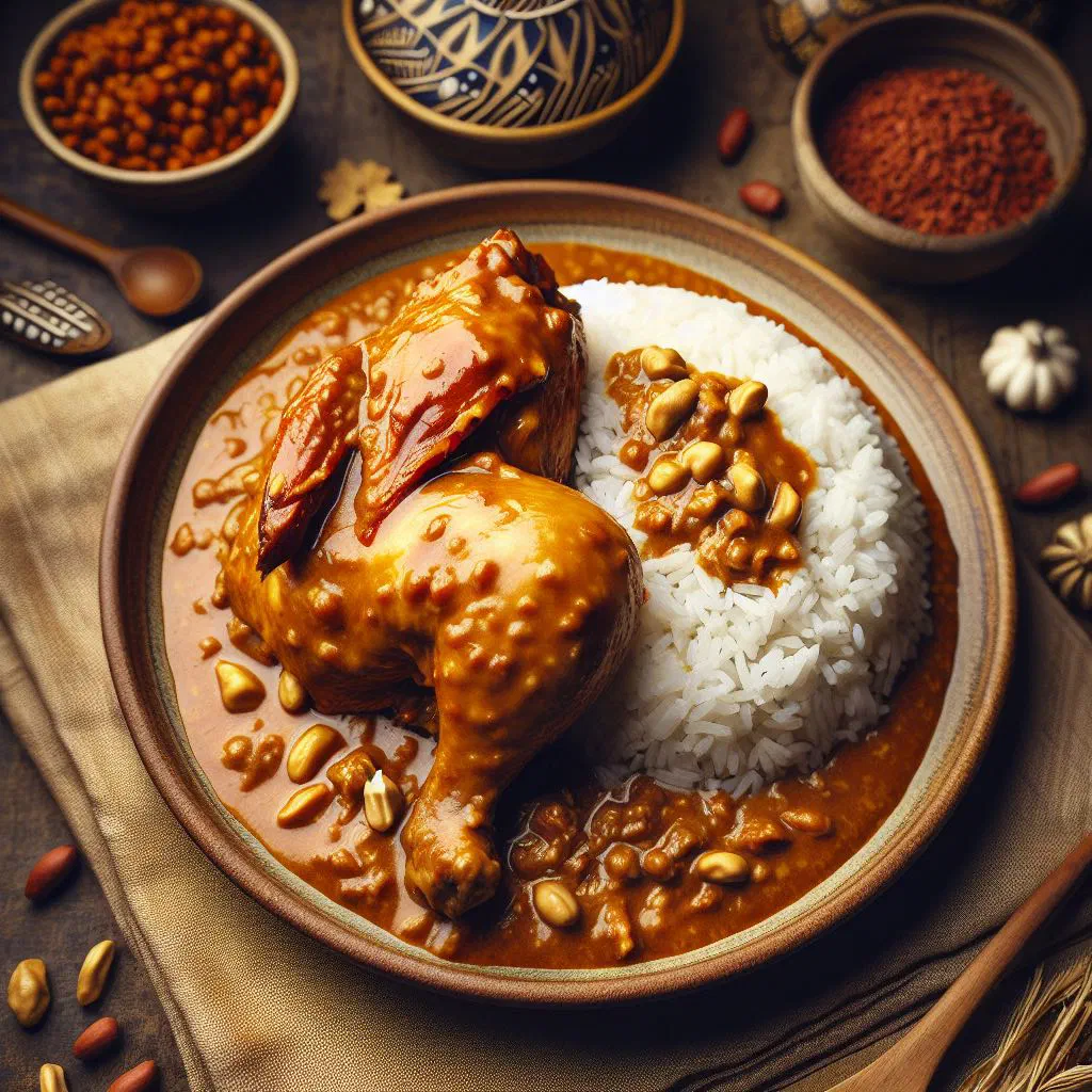 Cape Verdean chicken simmered in creamy peanut sauce, garnished with fresh coriander