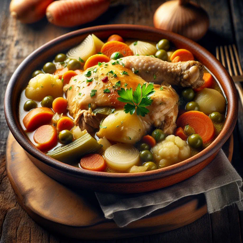 Cape Verdean galinha guisada chicken stew garnished with fresh parsley