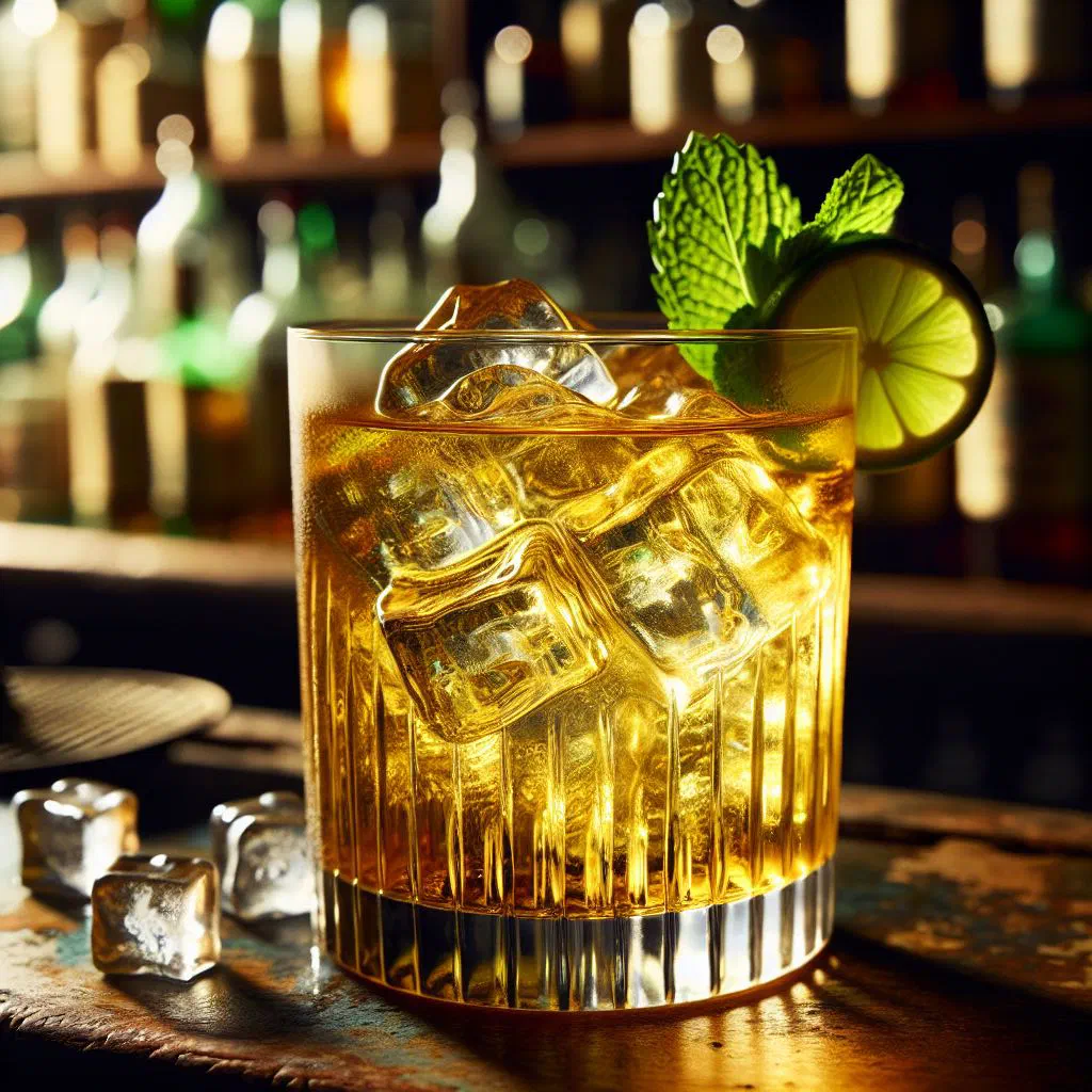 Grogue cocktail served over ice with fresh fruit and mint