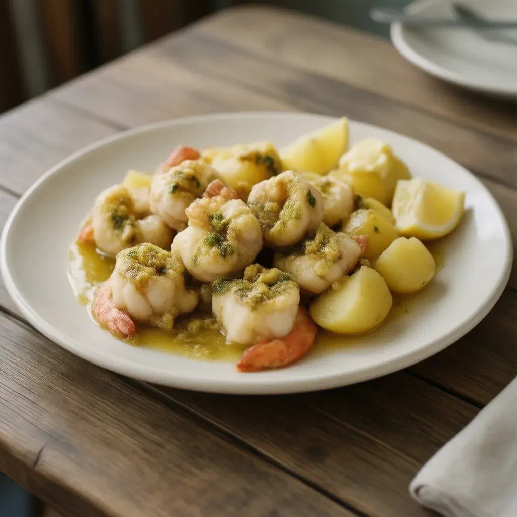 Cape Verdean lagosta com manteiga de alho, lobster tail chunks in garlic butter with boiled potatoes and lemon