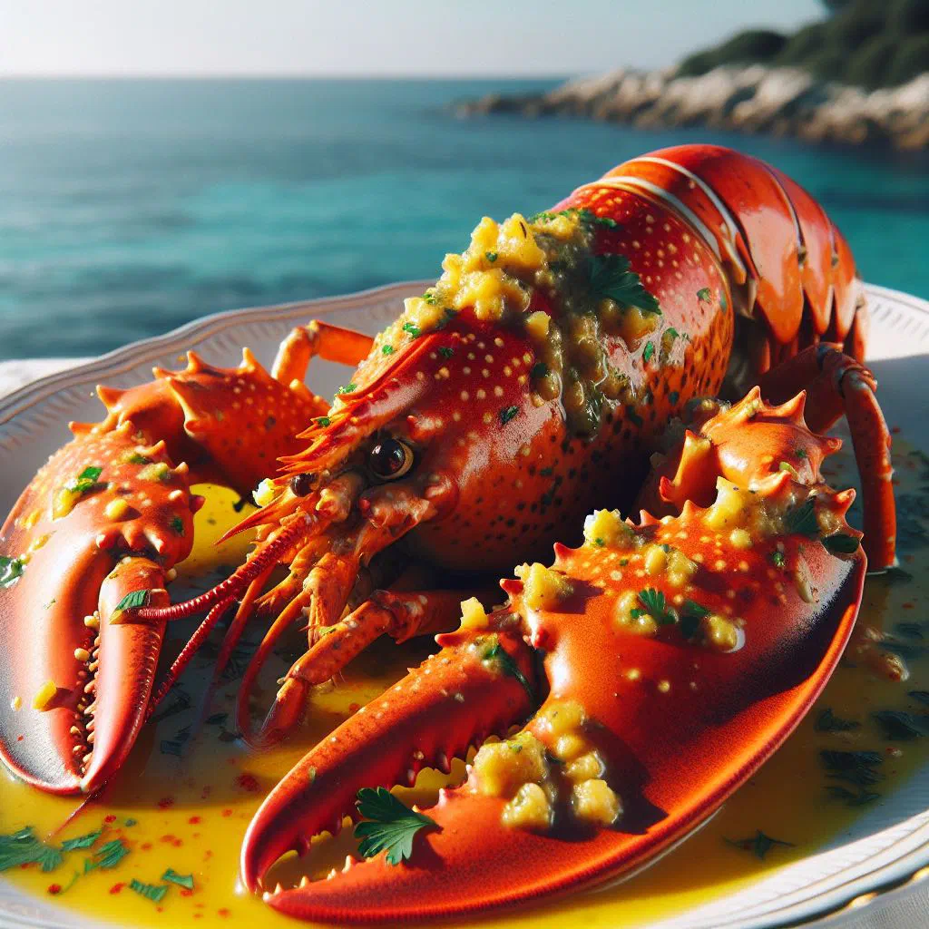 Grilled lobster halves glazed with garlic butter and fresh parsley