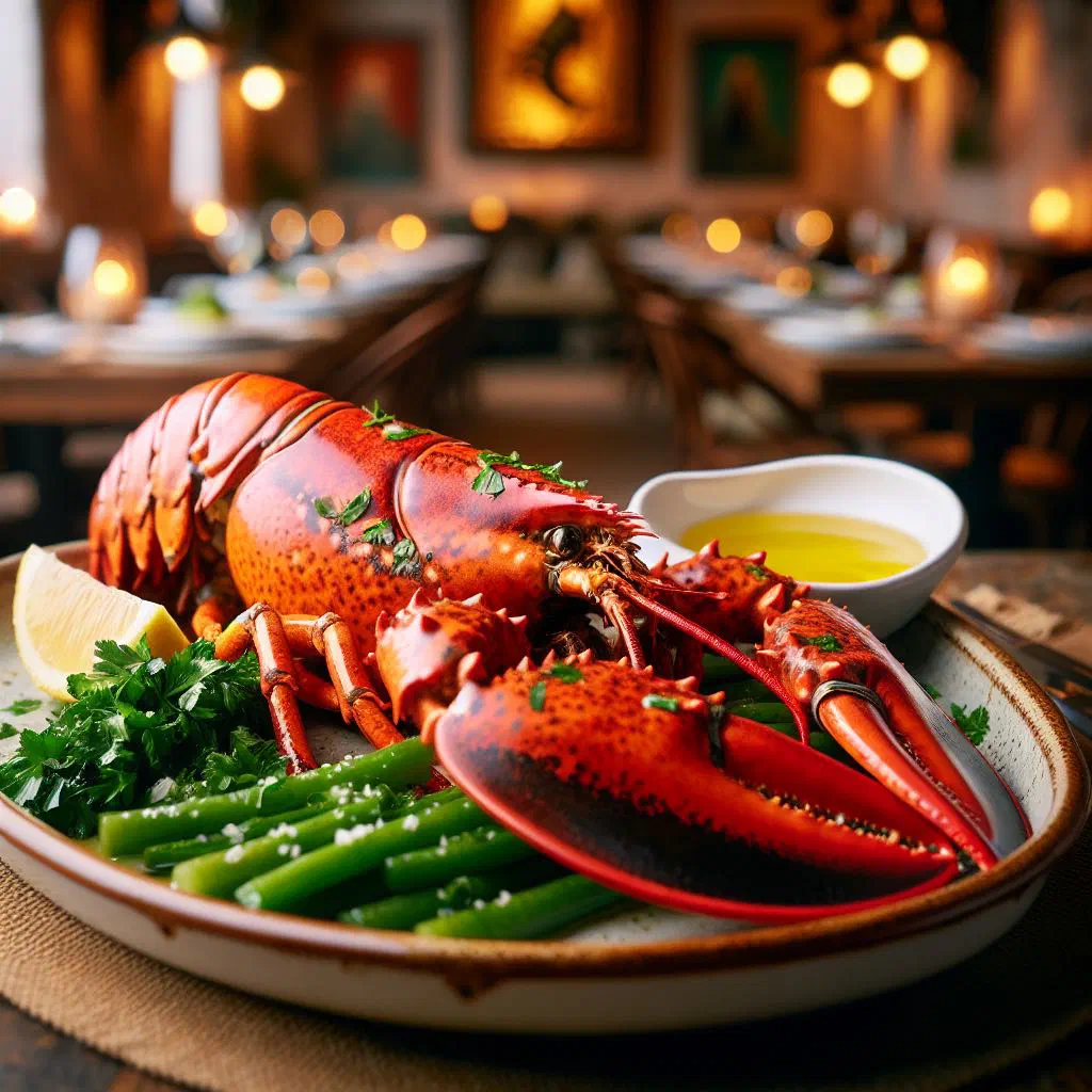 Grilled lobster halves with lemon wedges and fresh herbs