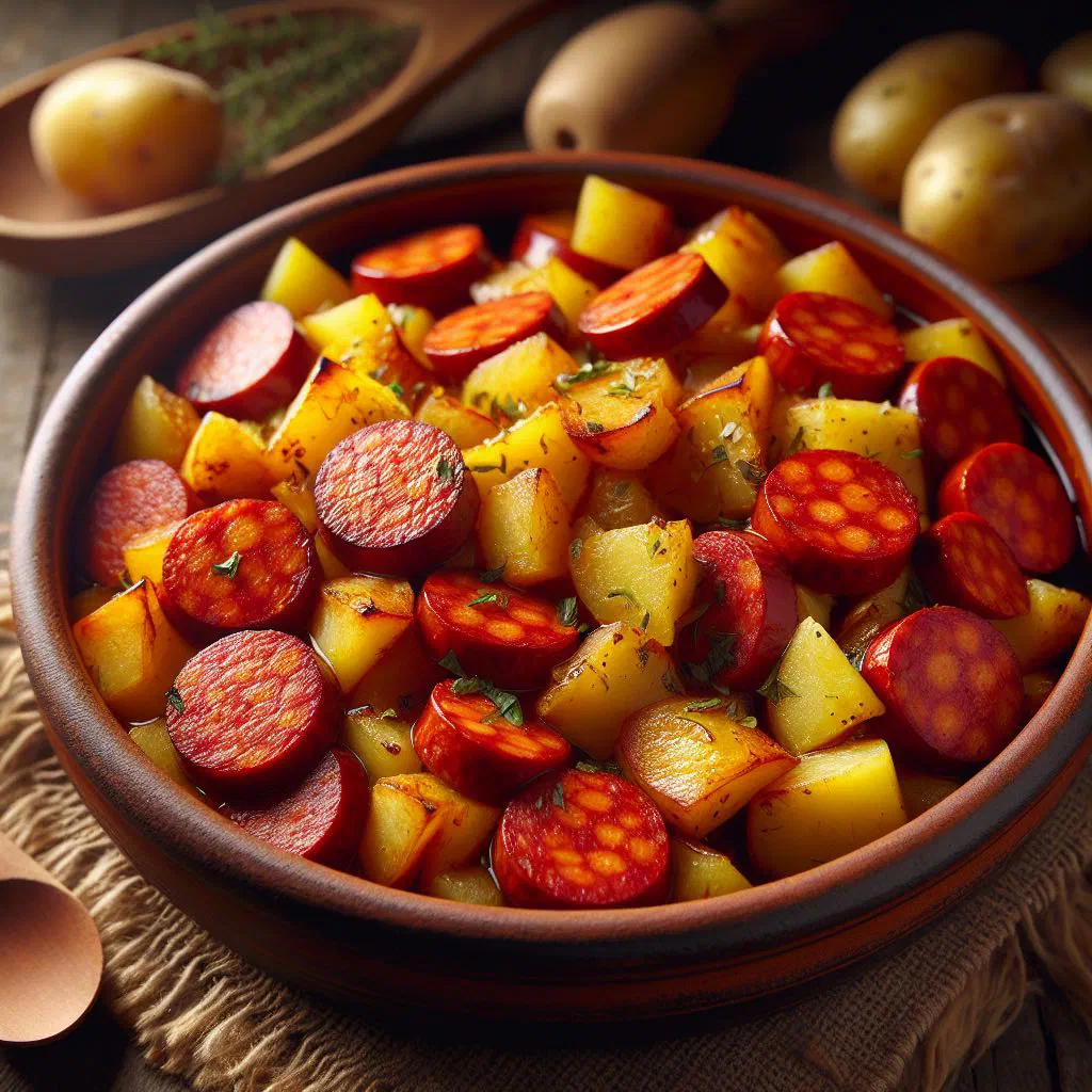 Sliced linguiça sausage pan-fried with golden potato pieces and peppers