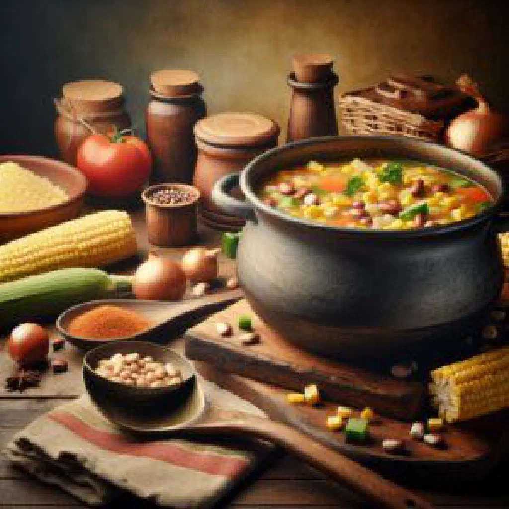 Hearty Cape Verdean corn and bean stew served in a rustic bowl