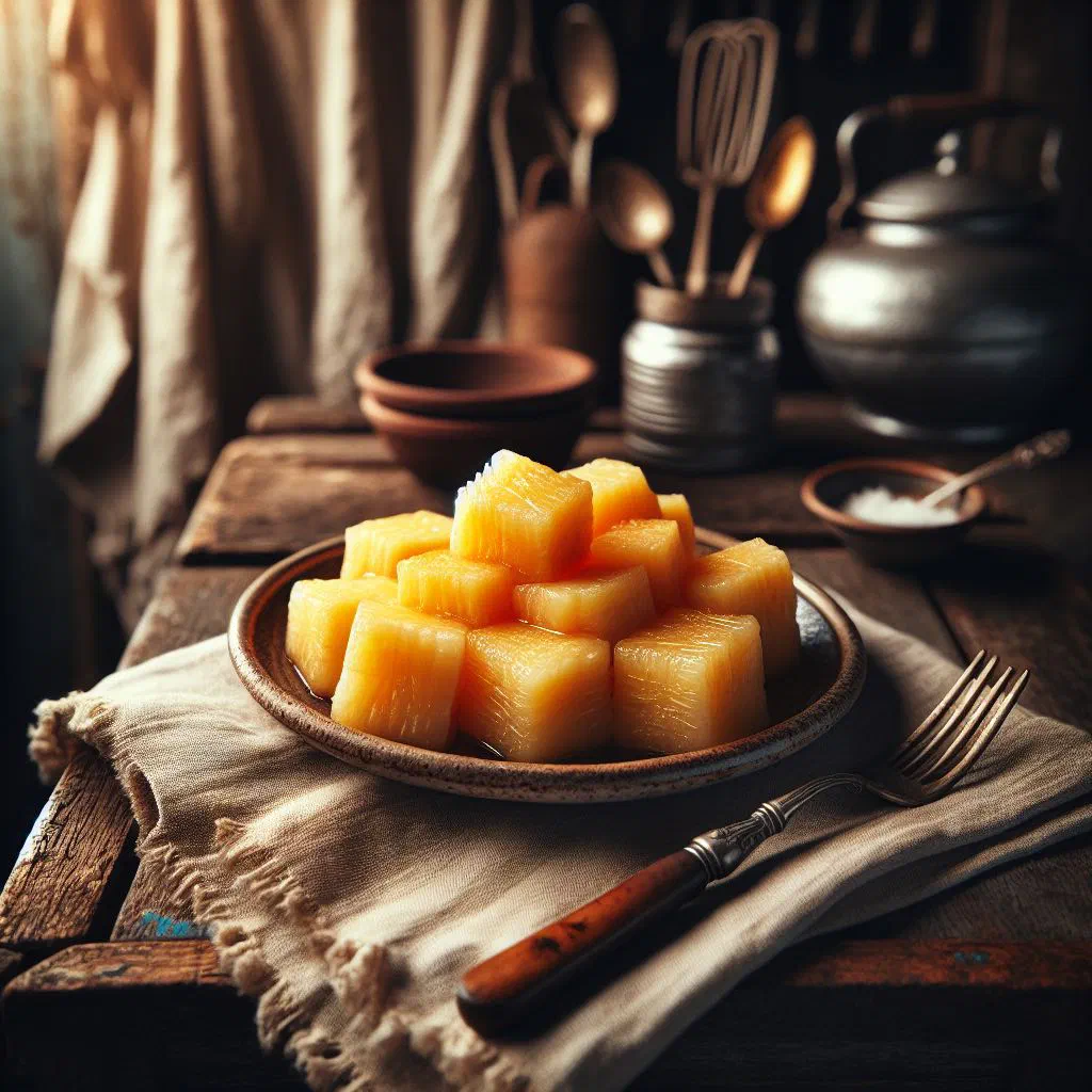 Boiled cassava pieces drizzled with olive oil and served with lemon