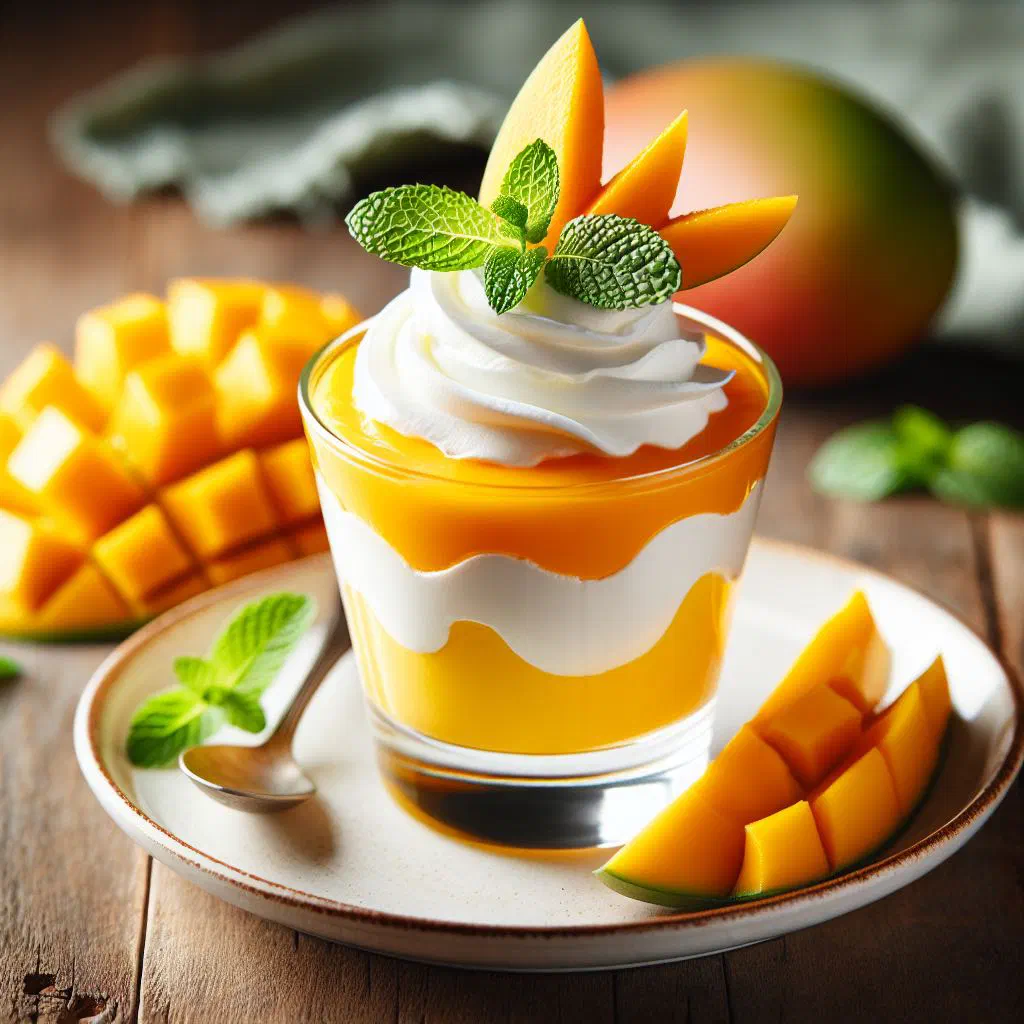 Creamy mango mousse served in a glass, garnished with fresh mint