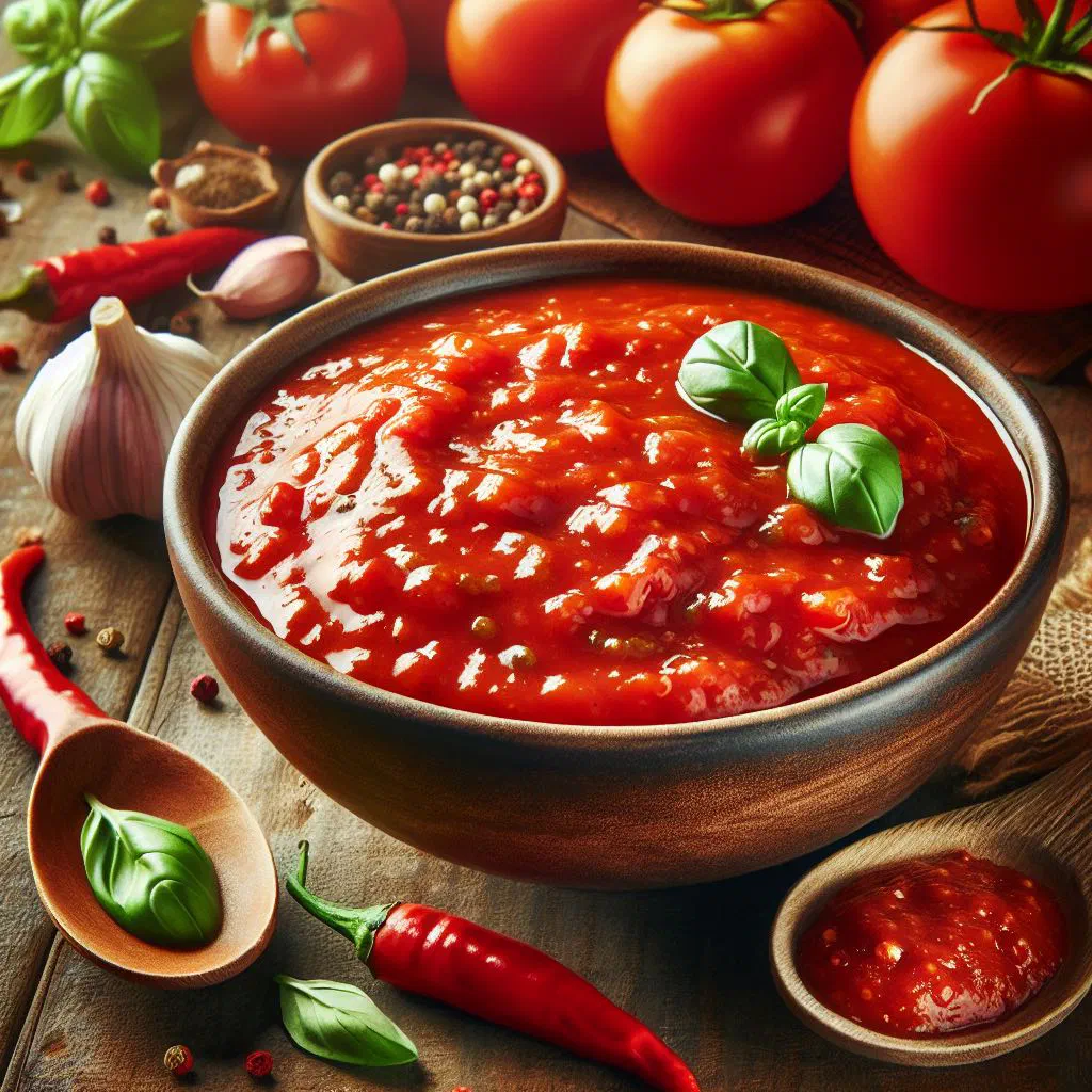 Spicy Cape Verdean tomato sauce garnished with fresh herbs in a bowl