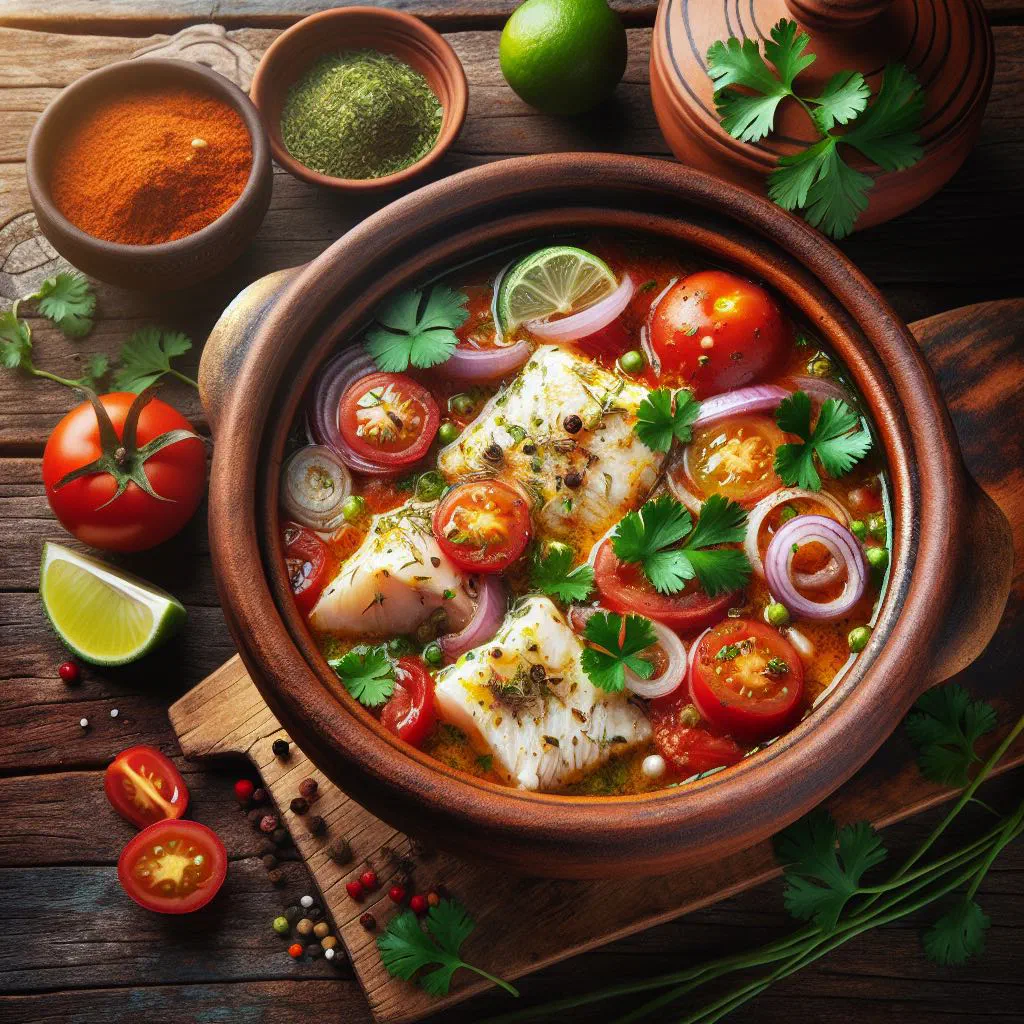 Cape Verdean moqueca de peixe fish stew with coconut and tomato sauce, garnished with fresh herbs