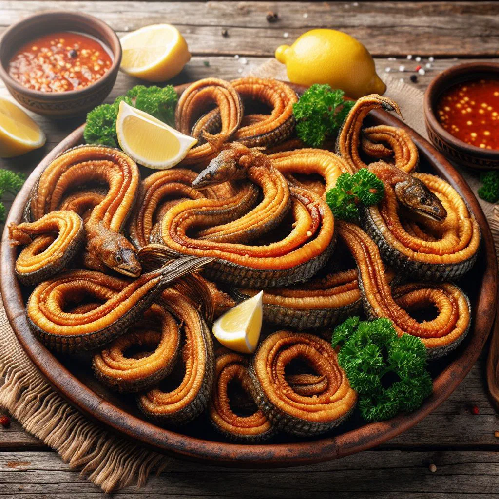 Golden fried squid rings with lemon wedges on a rustic board