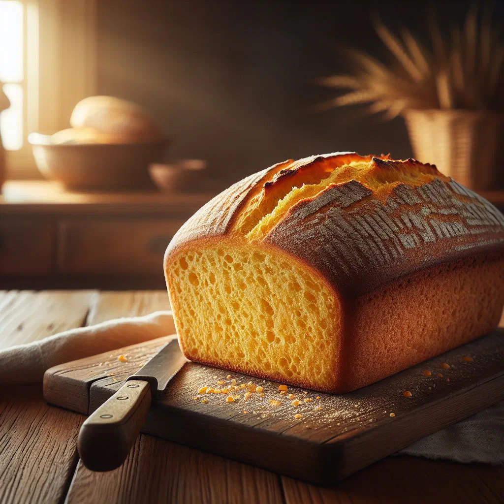Golden loaf of Cape Verdean cornbread sliced on a wooden board
