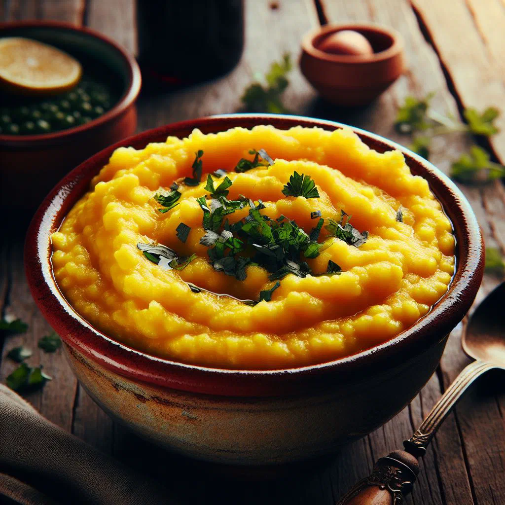 Golden fried Papas de Milho cornmeal balls served in a bowl