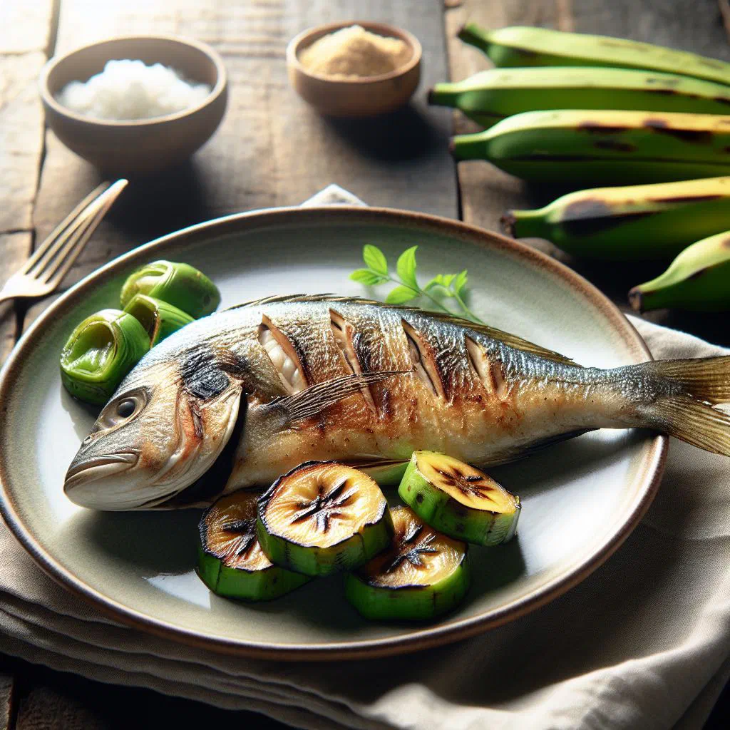 Fresh fish fillet cooked with green bananas, onion and lime