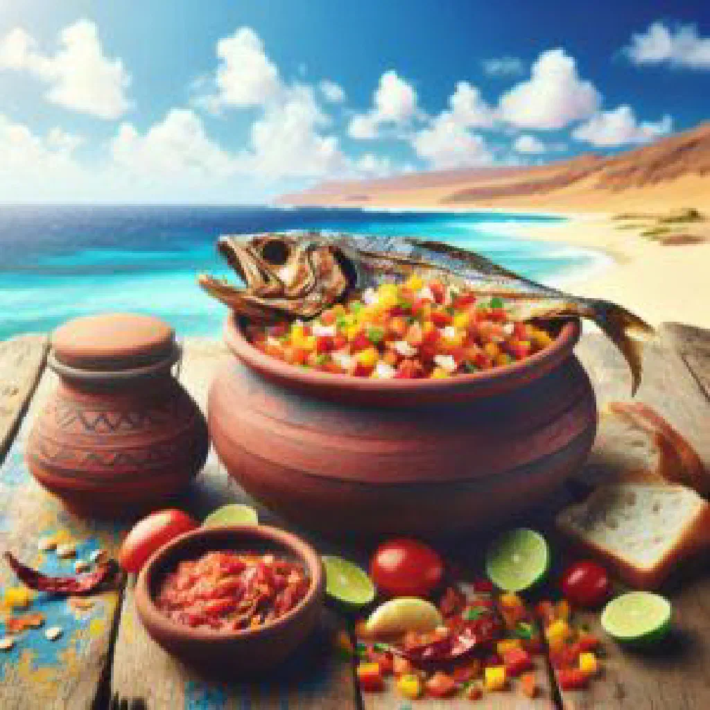 Sun-dried fish braised with onions and tomatoes on a plate