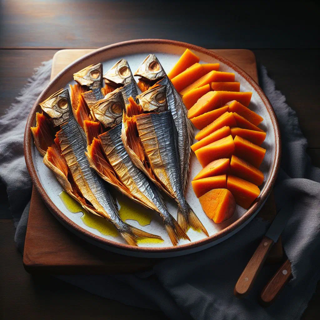 Flaked dried fish with sweet potato, onions and garlic on a plate