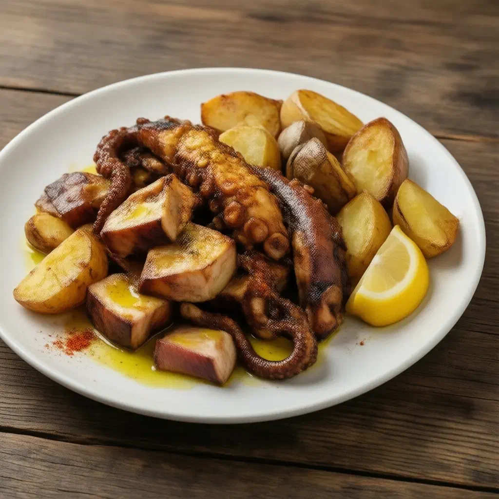 Cape Verdean polvo grelhado com batatas, charred octopus tentacle pieces with roast potato wedges and lemon