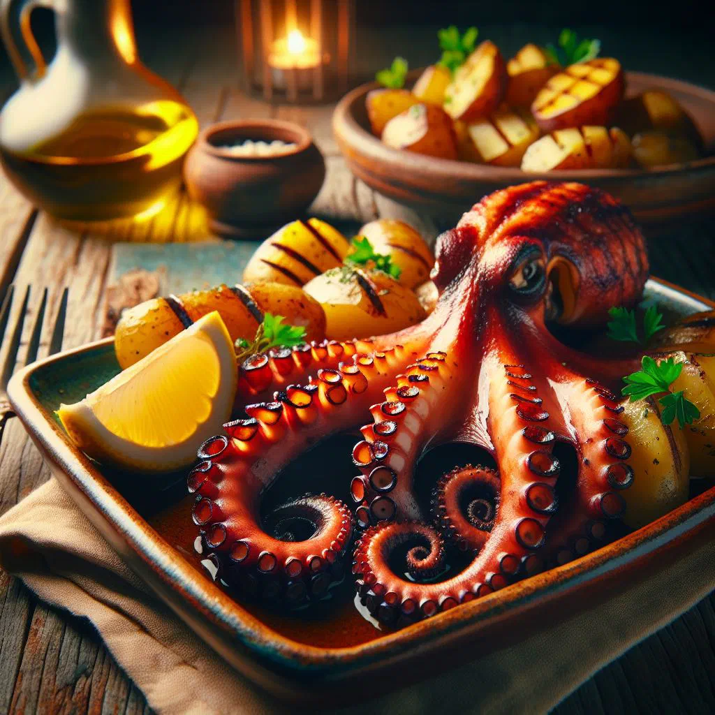 Grilled octopus with tender potatoes, garlic and lemon