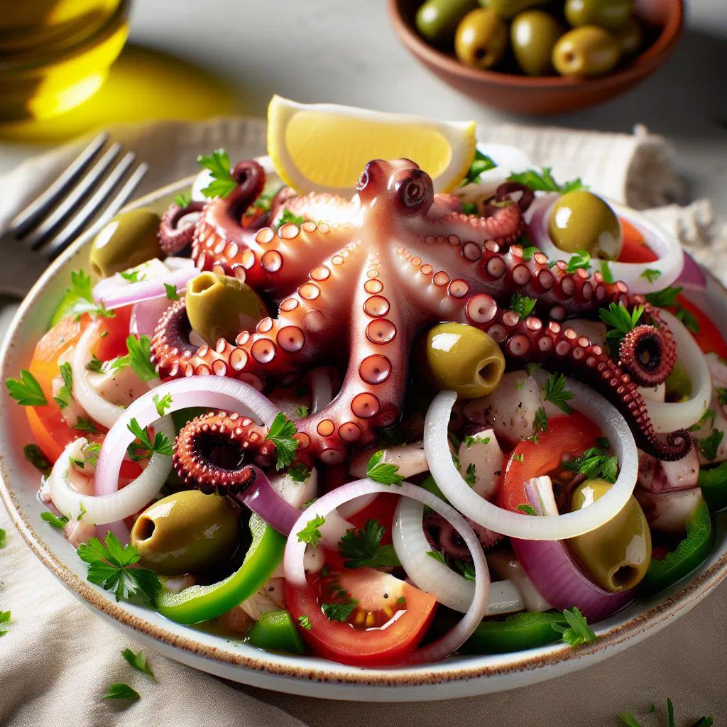 Cape Verdean octopus salad with tomatoes, onion, olives and coriander