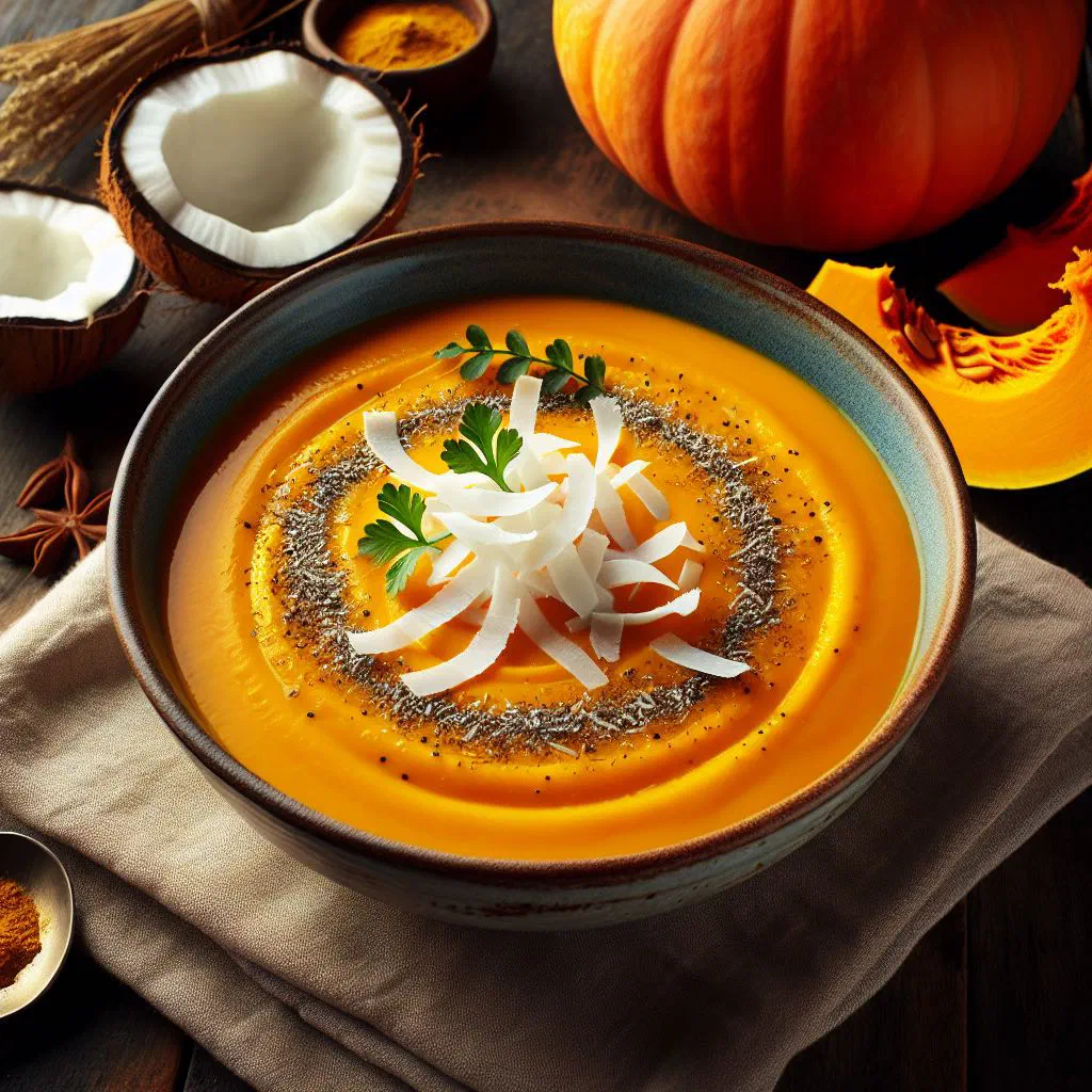 Creamy Cape Verdean pumpkin and coconut soup garnished with fresh coriander