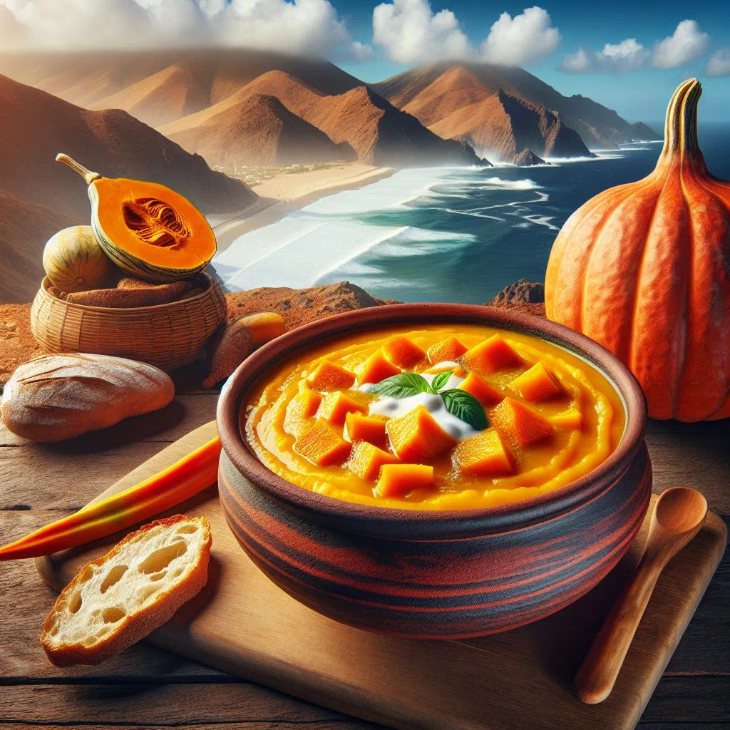 Creamy Cape Verdean pumpkin soup garnished with fresh herbs