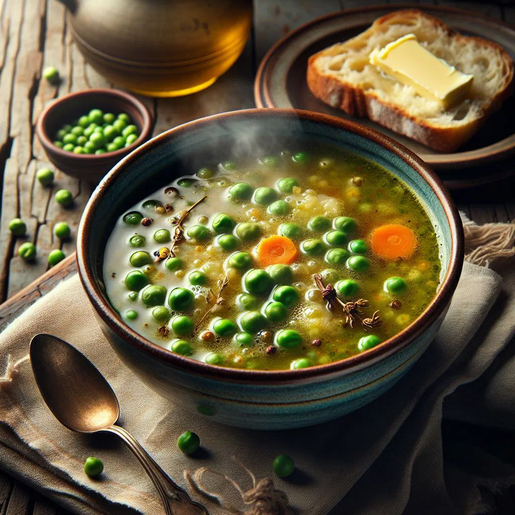 A bowl of Cape Verdean green pea soup garnished with fresh coriander