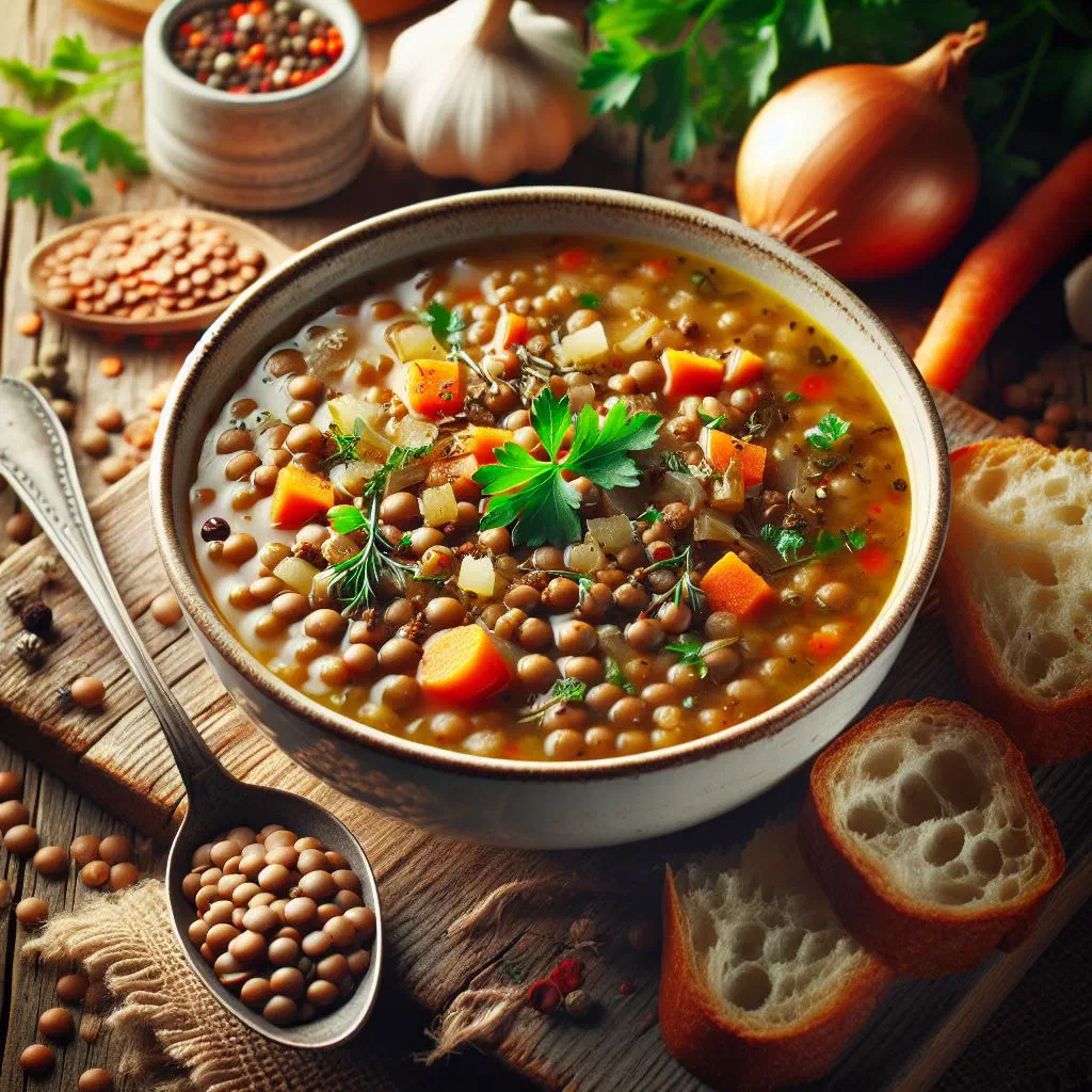 Bowl of Cape Verdean lentil soup garnished with fresh parsley