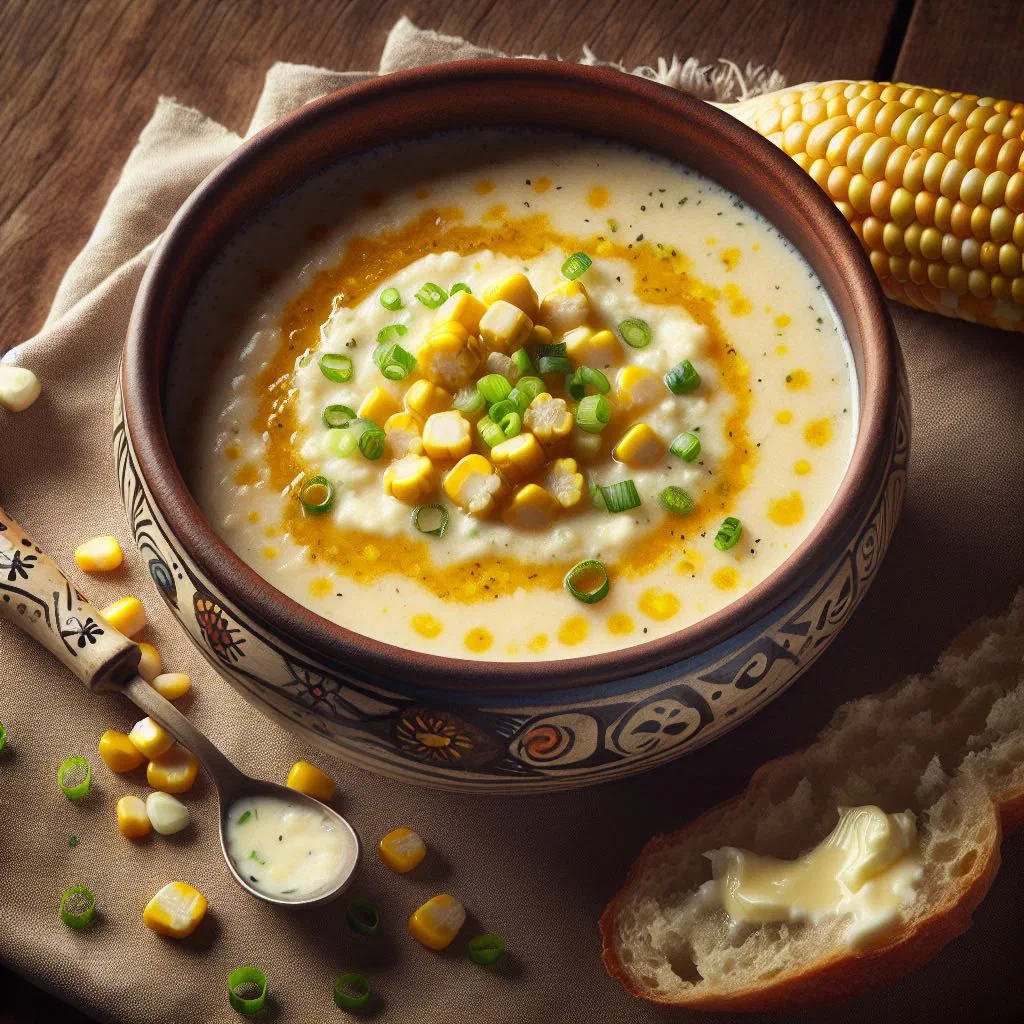 A bowl of Cape Verdean corn soup garnished with fresh herbs