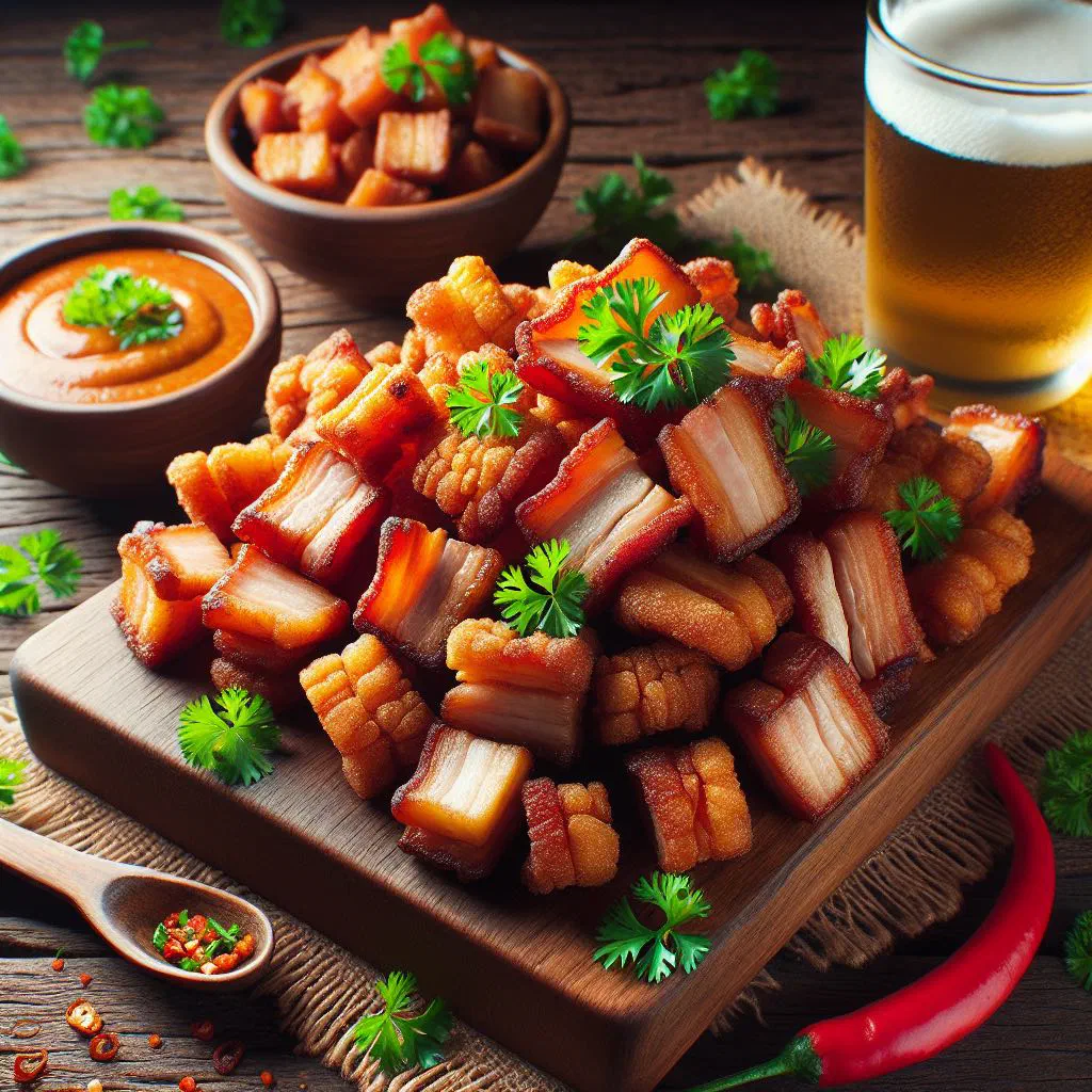 Golden, crispy pieces of fried pork belly served hot on a plate