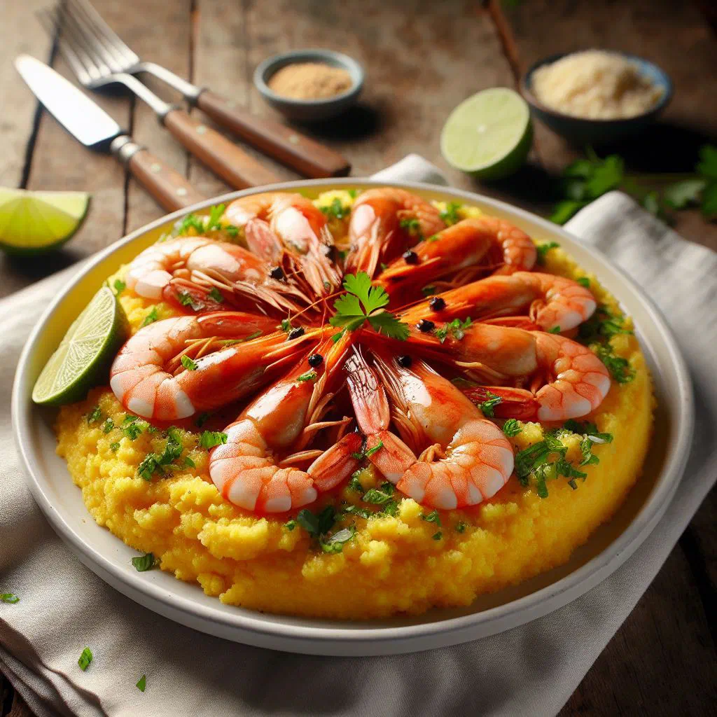 Creamy cornmeal porridge topped with pink prawns and fresh parsley