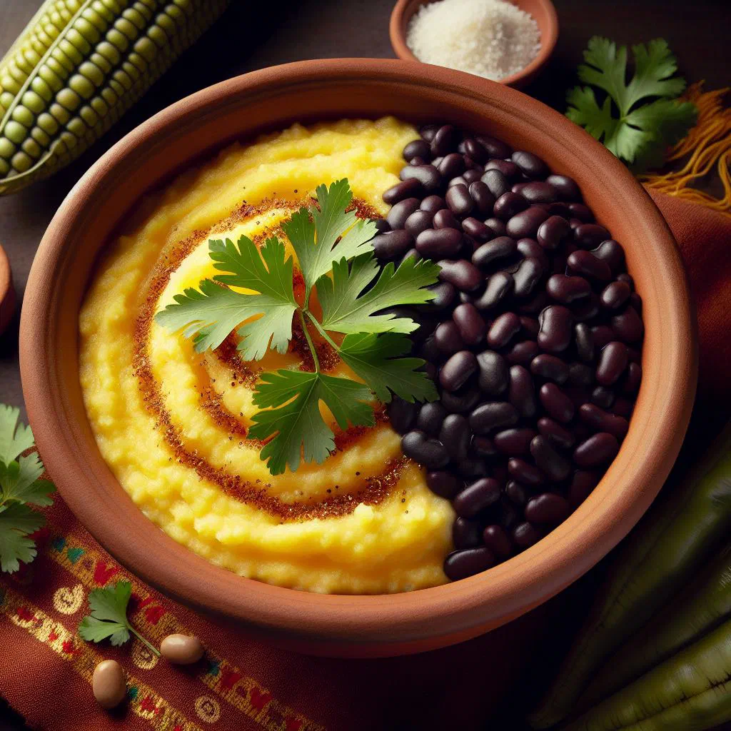 Creamy cornmeal porridge served with hearty beans in a rustic bowl