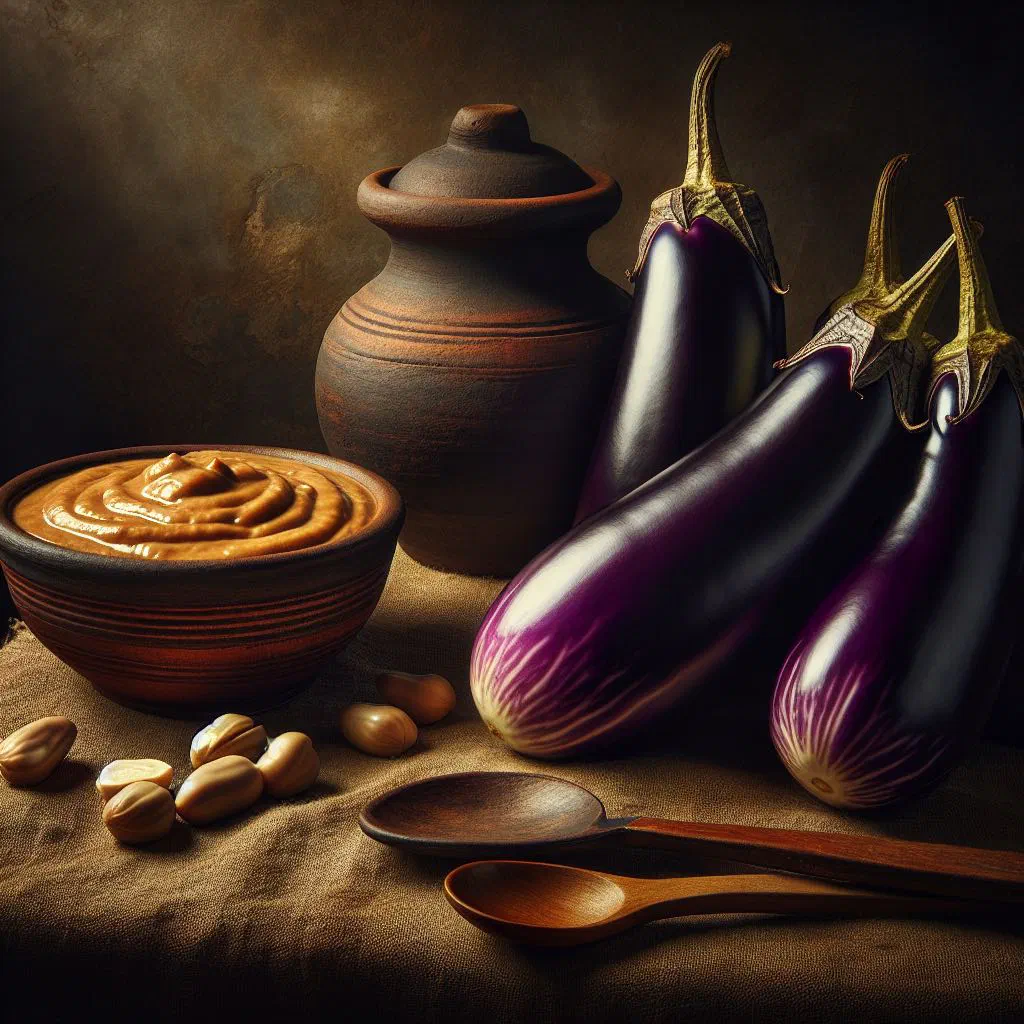 Aubergine chunks in a creamy peanut sauce, garnished with fresh herbs