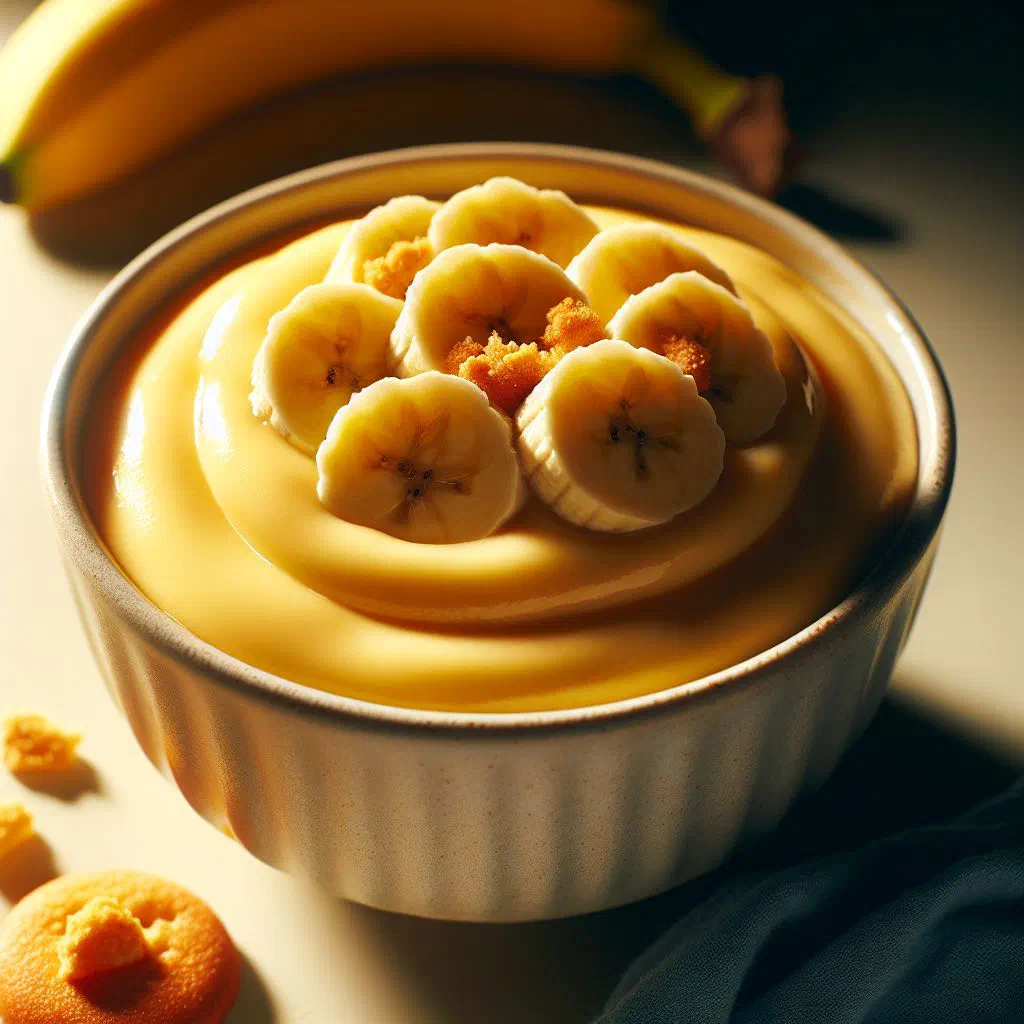 Creamy banana pudding in a small bowl topped with fresh banana slices