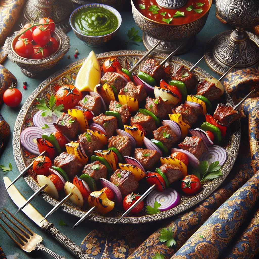 Grilled meat skewers with herbs and lemon on a wooden board